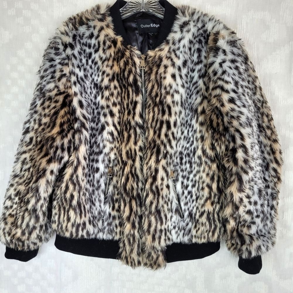 Outer Edge leopard print faux fur bomber jacket black trim zipper front edgy S